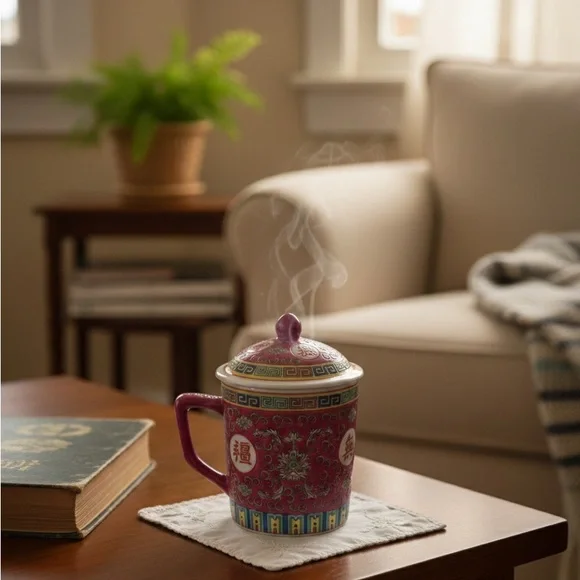 Vintage Mun Shou Rose Pink Famille Rose Porcelain Tea Mug with Lid - Mid-Century - Picture 1 of 6